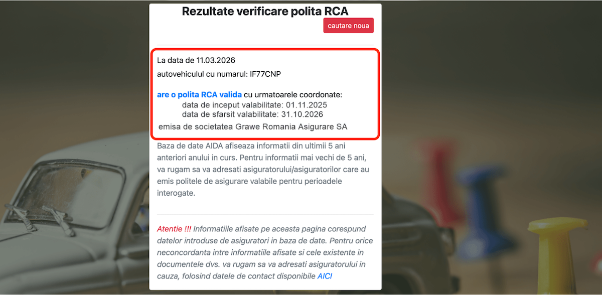 Rezultate verificare valabilitate RCA